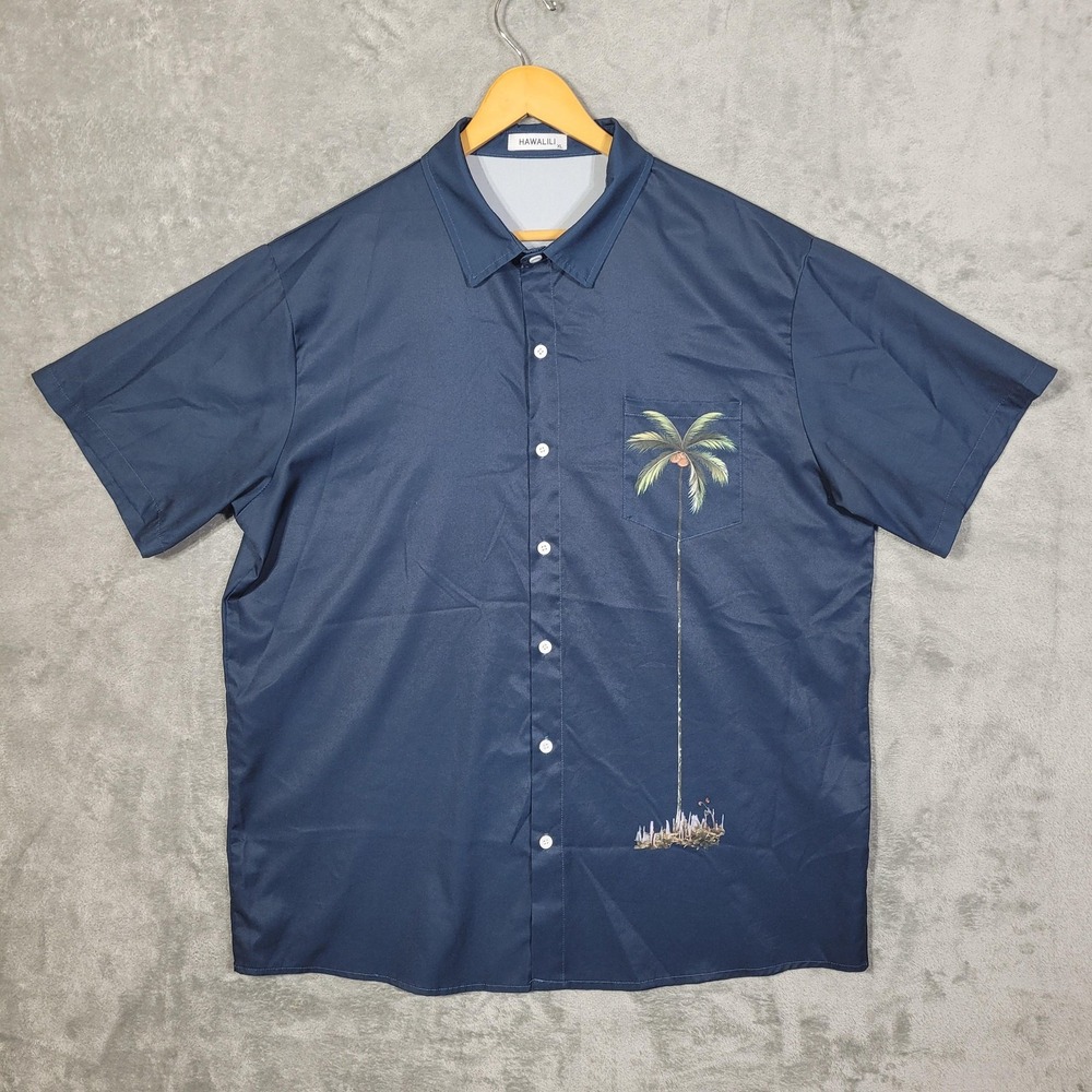Hawalili Shirt Mens XL Blue Palm Tree Print Short Sleeve Button Up Polyester Top